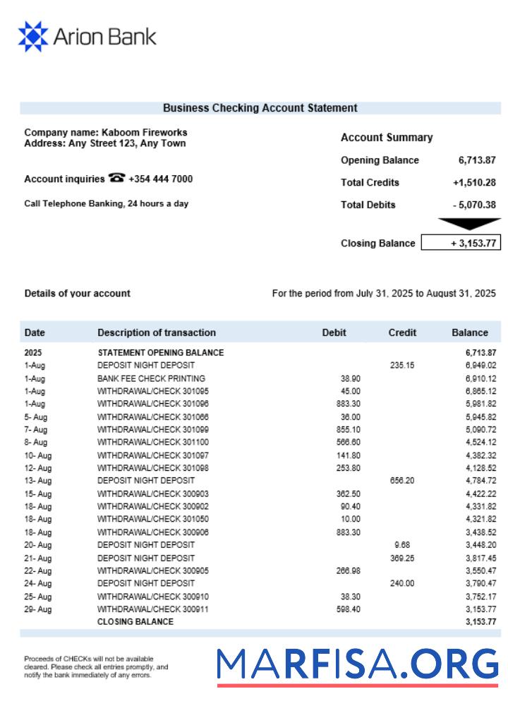 Blank Arion Bank business organization checking statement Word and PDF format download for verification